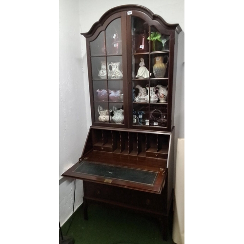 184 - Mahogany bureau bookcase with glazed top section, featuring intricate china display. Lower section i... 