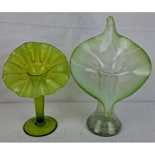 188 - Pair of mid-century modern hand-blown glass vases in green hues. Unique organic shapes with ruffled ... 