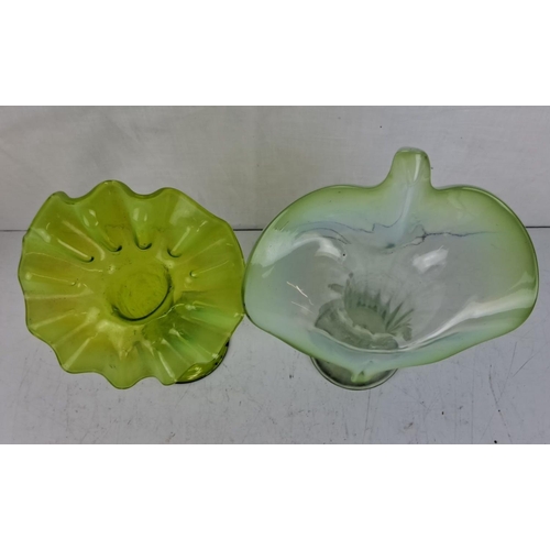 188 - Pair of mid-century modern hand-blown glass vases in green hues. Unique organic shapes with ruffled ... 