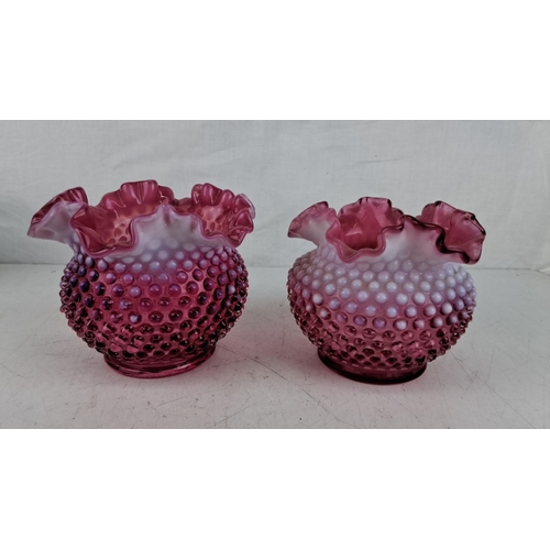 192 - Pair of vintage pink opalescent hobnail glass vases with ruffled rims. Intricate hobnail pattern wit... 