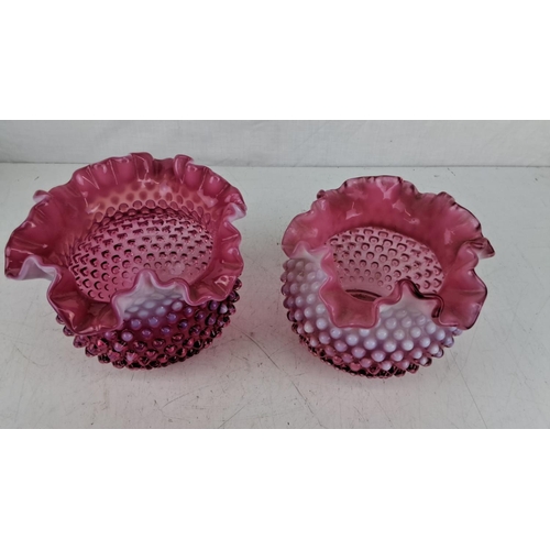 192 - Pair of vintage pink opalescent hobnail glass vases with ruffled rims. Intricate hobnail pattern wit... 