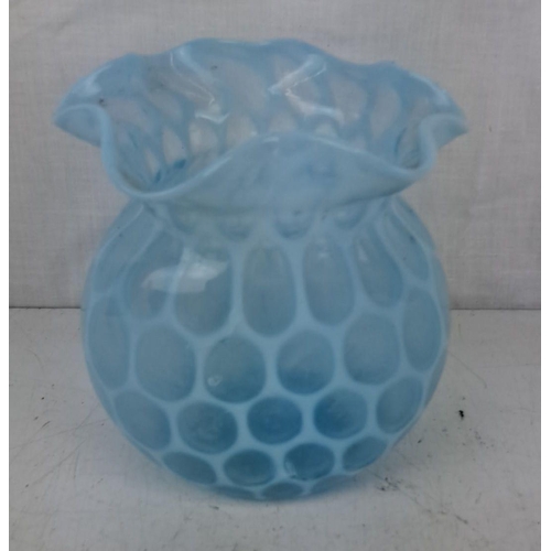 193 - Vintage blue opalescent glass vase with a hobnail pattern and ruffled edge.