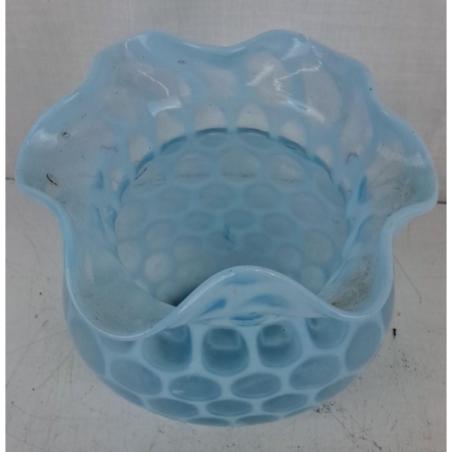 193 - Vintage blue opalescent glass vase with a hobnail pattern and ruffled edge.