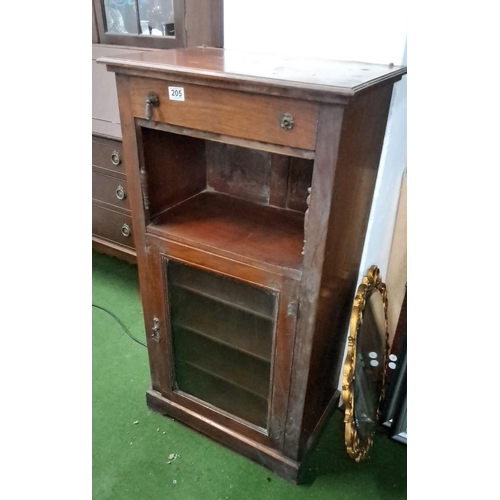 205 - Edwardian mahogany cabinet featuring a single drawer, open shelf, and lower cabinet with a glass doo... 