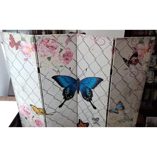 210 - Decorative folding screen featuring vivid butterflies and floral motifs on a trellis background. Inc... 