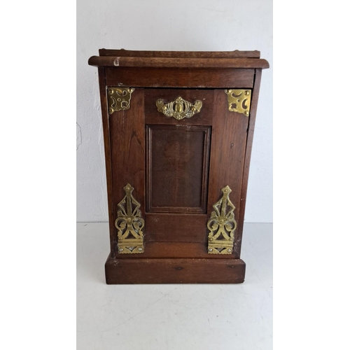 211 - Antique oak coal scuttle with ornate brass hardware from the Victorian era. It features a hinged lid... 