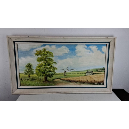 213 - Charming landscape oil painting on canvas depicting a rural scene with trees and a farmhouse. Signed... 