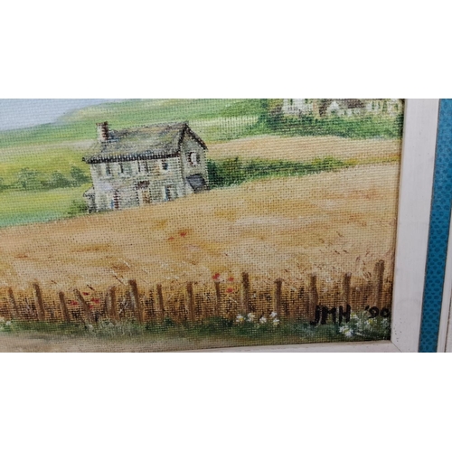 213 - Charming landscape oil painting on canvas depicting a rural scene with trees and a farmhouse. Signed... 