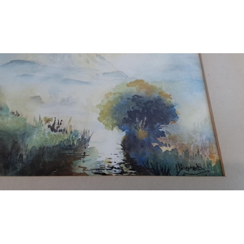 217 - Watercolour landscape painting depicting a  mountain scene. Signed by artist J. Shepherd. Framed und... 