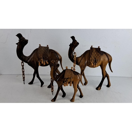 222 - Set of three wooden carved camels with intricate saddle details and hanging ornaments.