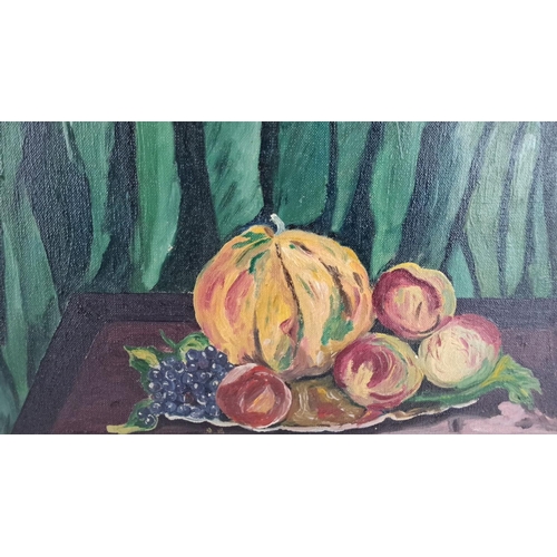 226 - Oil painting featuring a still life with a melon, peaches, and grapes. Framed in a light wood frame.... 