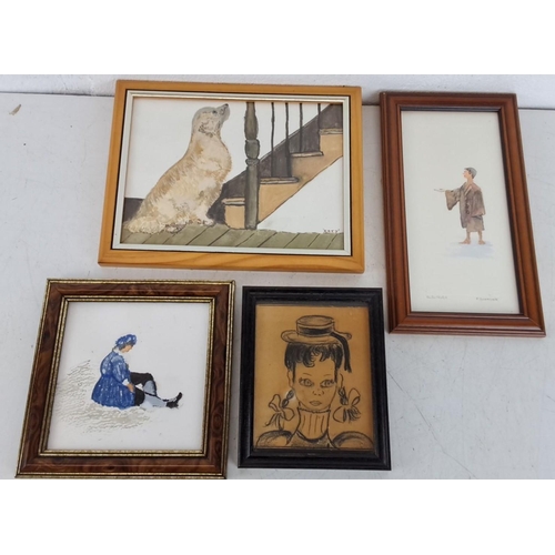 422 - Set of four framed artworks, featuring diverse mediums including watercolor and charcoal. Includes p... 