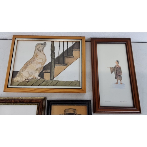 422 - Set of four framed artworks, featuring diverse mediums including watercolor and charcoal. Includes p... 