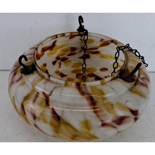 425 - Hand-blown glass hanging light fixture with brown, yellow, and white marbled patterns, featuring thr... 