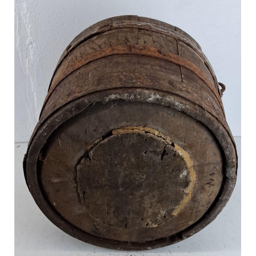 428 - Antique wooden well bucket with metal bands and handles, likely 19th century. Showcases rustic craft... 