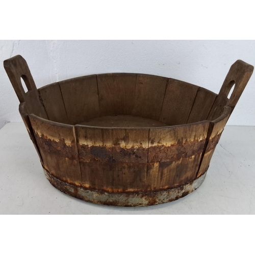 429 - Antique wooden butter basin, constructed from vertical oak slats bound with a rusted metal banding. ... 