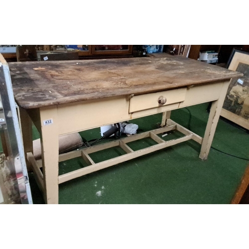 432 - Antique Irish wooden table with single drawer & double stretcher base. Distressed finish, early to m... 