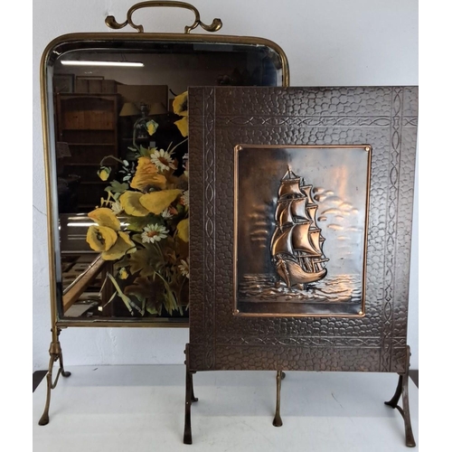 433 - Pair of vintage decorative screens. One features a copper relief of a sailing ship, measuring 63cm x... 