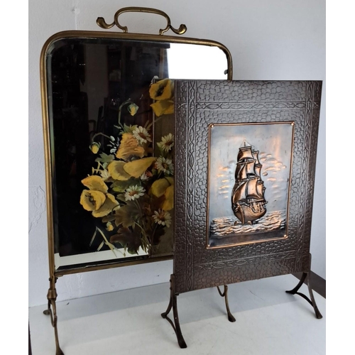 433 - Pair of vintage decorative screens. One features a copper relief of a sailing ship, measuring 63cm x... 