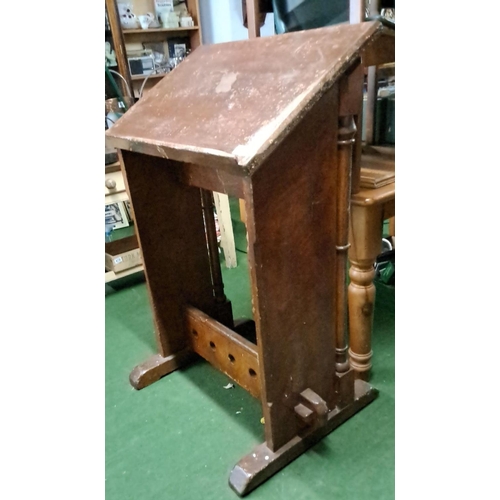 437 - Victorian pitch pine lectern with slanted top, detailed spindle sides, and base board, 120cm x 64cm ... 