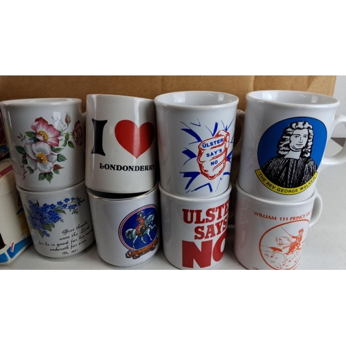 438 - Mixed lot including over 20 ceramic mugs with various prints and slogans, and a collection of vintag... 