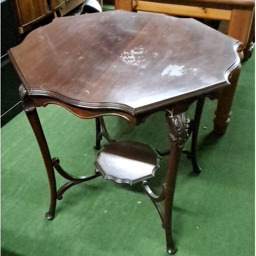 445 - Edwardian mahogany side table with octagonal top and lower shelf, featuring carved floral details on... 