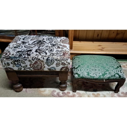 448 - Pair of vintage upholstered footstools, one with floral tapestry in black and brown, the other sport... 