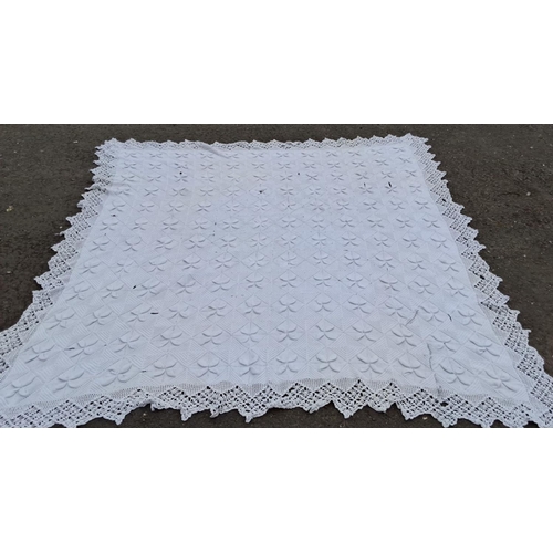 449 - Handmade Victorian white crochet blanket featuring intricate floral motifs with scalloped edges, sho... 