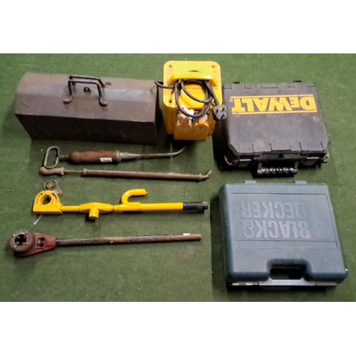 465 - Mixed lot of tools including a DeWalt drill, Black & Decker jigsaw, vintage wrench, and metal toolbo... 