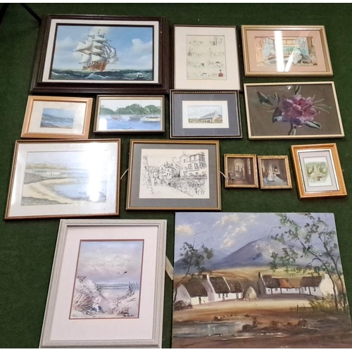 468 - Mixed lot of 14 framed artworks, including watercolors, pencil sketches, and prints. The collection ... 