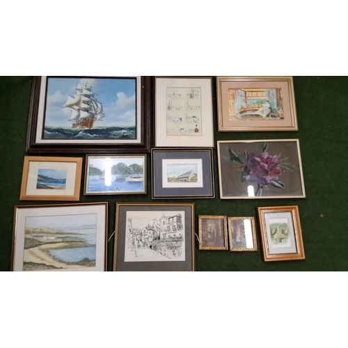 468 - Mixed lot of 14 framed artworks, including watercolors, pencil sketches, and prints. The collection ... 