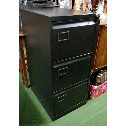 472 - Three-drawer black metal filing cabinet with built-in hanging file organization system, 102cm x 47cm... 