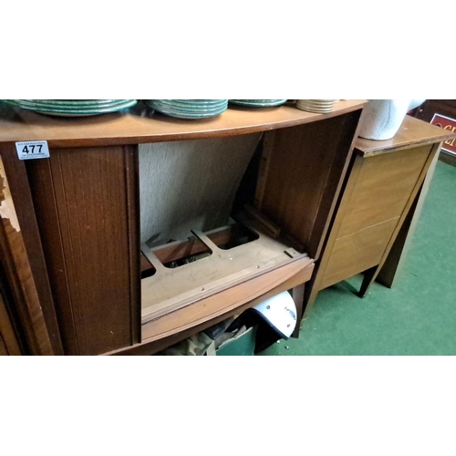 477 - Vintage wooden tv cabinet Circa mid-20th century. Features tambour door and interior shelves. Showca... 