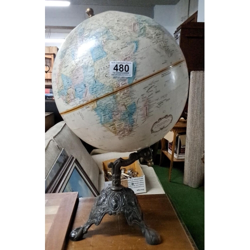 480 - Vintage globe on ornate antique metal stand. Intricately designed base with claw feet. Likely late 1... 