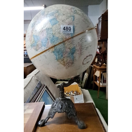 480 - Vintage globe on ornate antique metal stand. Intricately designed base with claw feet. Likely late 1... 