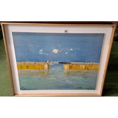 481 - Oil on board seascape painting, framed. Impressionistic style featuring a coastal scene with blue sk... 