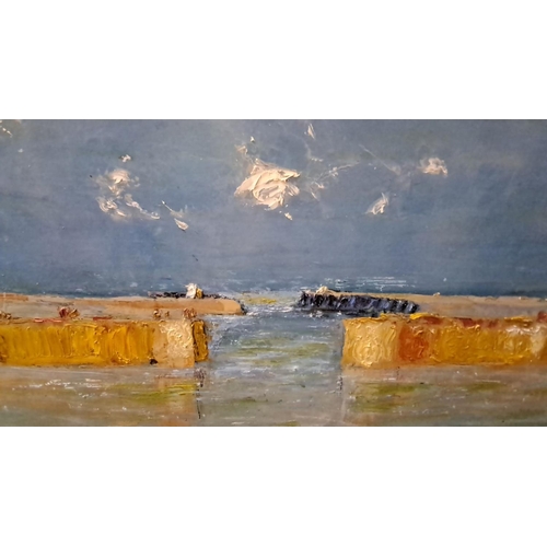 481 - Oil on board seascape painting, framed. Impressionistic style featuring a coastal scene with blue sk... 