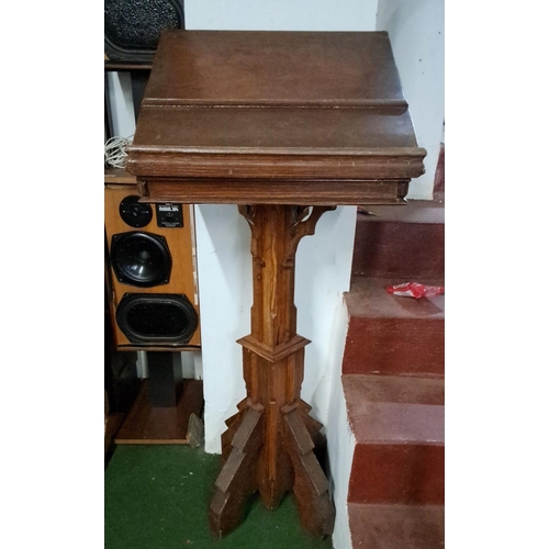 484 - Vintage Gothic Revival pitch pine lectern with intricately carved pedestal and adjustable reading su... 