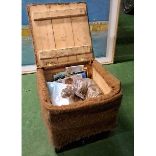 485 - Antique wooden 'butter box' storage chest with a hinged lid, covered in brown burlap fabric. Include... 