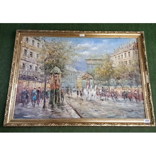 488 - Oil painting on canvas by Chevalier. It features an impressionistic urban street scene and comes fra... 