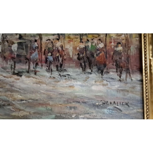 488 - Oil painting on canvas by Chevalier. It features an impressionistic urban street scene and comes fra... 