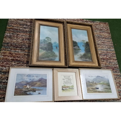 497 - Set of five framed prints, featuring serene landscapes and inspirational text, in ornate golden fram... 