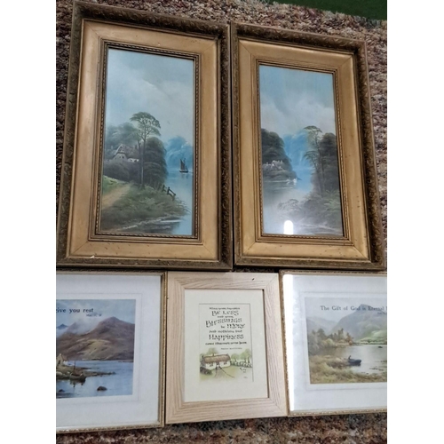 497 - Set of five framed prints, featuring serene landscapes and inspirational text, in ornate golden fram... 