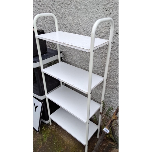 532 - White four-tier metal shelving unit, featuring a minimalist design. 140x65x30cm.