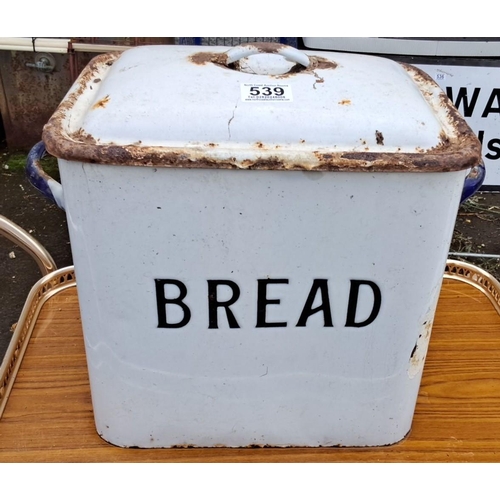 539 - Vintage enamel bread bin with lid, featuring large black 