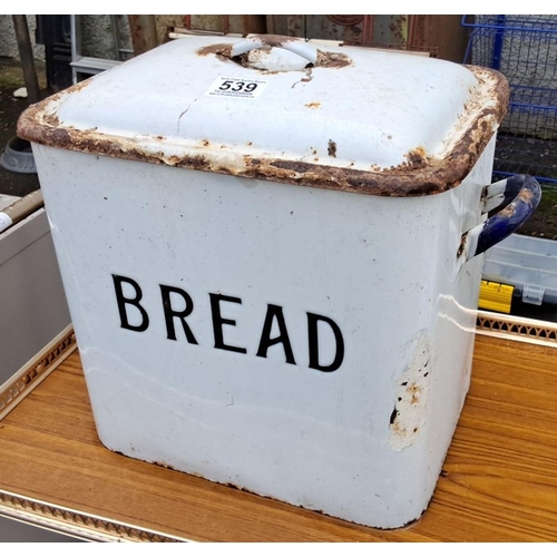 539 - Vintage enamel bread bin with lid, featuring large black 