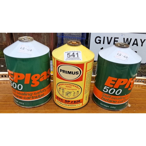 541 - Three butane cartridges, including two EPigas 500 self-sealing cans (445g) and one Primus 2202 inter... 