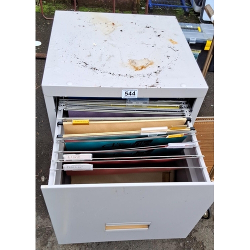 544 - Two-drawer metal filing cabinet with keys. The cabinet is grey. Contains various file folders. 66x40... 