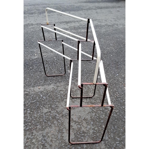 547 - Vintage folding drying rack with white plastic-coated metal bars and rust-colored metal frame. Colla... 