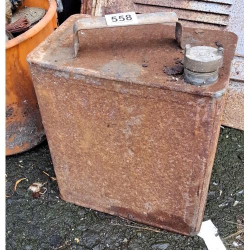 558 - Vintage metal fuel can with an integral handle and screw cap marked 